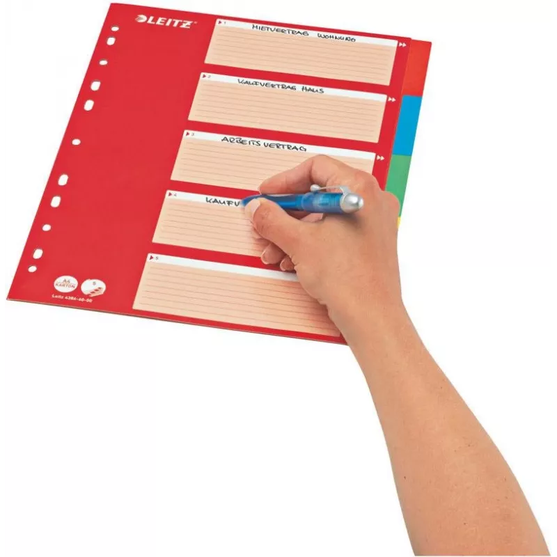LEITZ kartona atdalītāji ar tukšām cilnēm, A4, 5 daļas, daudzkrāsaini, 160 gsm, ar sarkanu rakstāmu vāku 250 gsm (4386-60-00)