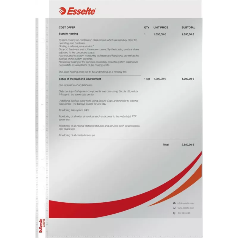 LEITZ Esselte Standard dokumentu uzmava A4, polipropilēns, caurspīdīga, 0,06 mm, atvērta no augšas, droša dokumentiem, daudzperforēta, pastiprināta mala, 100 gab. (925008)
