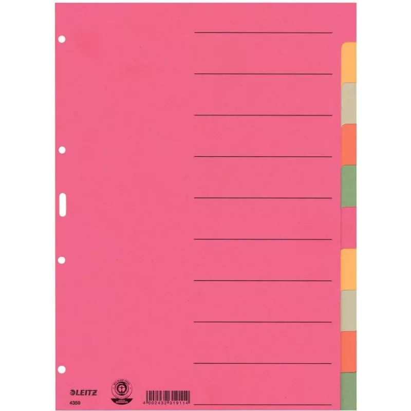 LEITZ Īpaši izturīgi kartona reģistru dalītāji, tukšas cilnes, A4, 10 daļas, daudzkrāsaini, 230 gsm, 5 krāsu krāsots caurkrāsots kartons (4359-00-00)