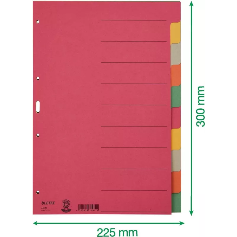 LEITZ Īpaši izturīgi kartona reģistru dalītāji, tukšas cilnes, A4, 10 daļas, daudzkrāsaini, 230 gsm, 5 krāsu krāsots caurkrāsots kartons (4359-00-00)