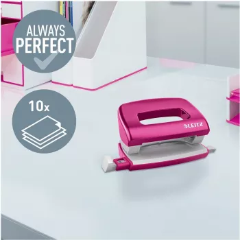 Leitz NeXXt Series WOW metāla mini perforators, rozā, 2 caurumi, 10 lapas, metālisks apdare 5060-10-23