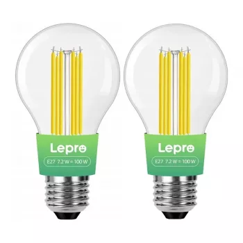 LEPRO 100094-WW-EU-2 E27 Filament LED spuldze, 7.2W (100W ekvivalents), 1521 lm, 2700K silta balta, energoklase A, 2 iepakojums