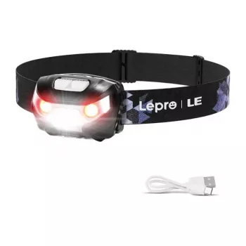 LEPRO 3200008 uzlādējama galvas lampa ar kustības sensoru, 300 lūmeni, IPX4, 6 režīmi, melna