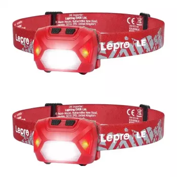 LEPRO 320014-R-2 USB uzlādējama LED galvas lampa, 2 gab. komplekts, 200 lūmeni, IPX4 ūdensizturīga, 5 režīmi ar sarkano gaismu, USB-C uzlāde, regulējama galvas saite