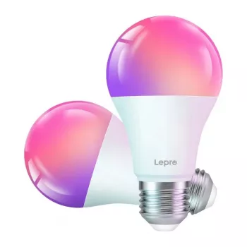 LEPRO B1-EU-2 viedā LED E27 Wi-Fi spuldze, 2 iepakojums, 9W (60W ekvivalents), 800 lūmeni, regulējama baltā 2700K-6500K + 16 miljoni RGB krāsu, dimmējama, saderīga ar Alexa un Google Assistant