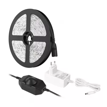 LEPRO PR4100067-DW-EU 5m Silta baltā LED lente ar dimmeru, 3000K SMD 2835, 12V 24W 1200lm, 3M līme, barošanas bloks komplektā, IP20
