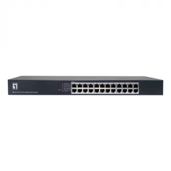 LevelOne GEU-2432 24 portu gigabitu Ethernet komutators, 4 režīmu DIP slēdzis, 19 collu statīva montāža, nevadāms, metāla korpuss