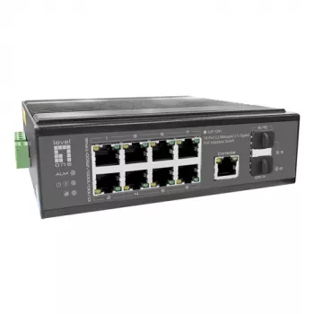 LevelOne Industrial PoE+ komutators 8x 2.5G PoE, 2x 1G, 2x 10G SFP+ augšupsaites, nevadāms, DIN-sliede, IP30
