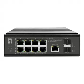 LevelOne Industrial PoE+ komutators 8x 2.5G PoE, 2x 1G, 2x 10G SFP+ augšupsaites, nevadāms, DIN-sliede, IP30