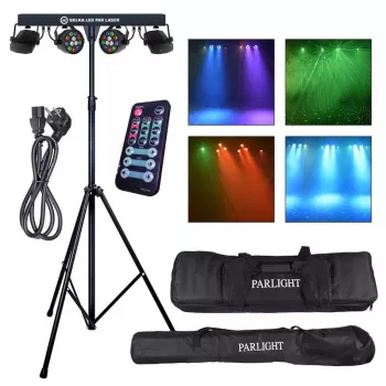 LIGHT4ME LED PAR Laser Beam Lighting Kit - 4x PAR Lights ar sarkano un zaļo lāzeru, DMX, tālvadības pults