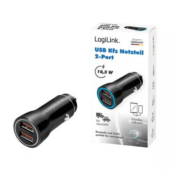 LogiLink PA0285 2-portu USB auto lādētājs 10.5W, LED apgaismots, melns