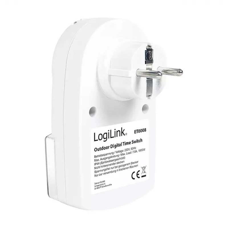 LOGILINK ET0008 āra digitālais taimeris - IP44, 10 ON/OFF programmas, 16A/3680W, Schuko (F tips), Melns/Pelēks