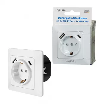 LOGILINK PA0253 Sienas kontaktligzda ar 1 Schuko un 2 USB portiem, 3.1A, balta