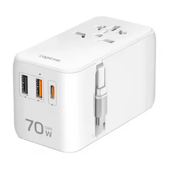 LOGILINK PA0357 USB-A/C ceļojumu lādētājs, 70 W GaN, 4 porti, balts