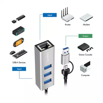 Logilink UA0440 USB 3.2 Gen 1 3-Port Hub ar Gigabit Ethernet adapteri, USB-C un USB-A savienojums, alumīnija korpuss