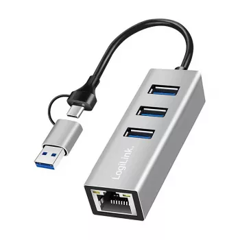Logilink UA0440 USB 3.2 Gen 1 3-Port Hub ar Gigabit Ethernet adapteri, USB-C un USB-A savienojums, alumīnija korpuss