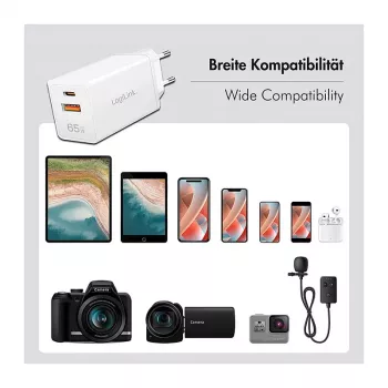 Logilink USB-A/C lādētājs 65 W GaN, 1x USB-A (QC), 1x USB-C (PD), Balts