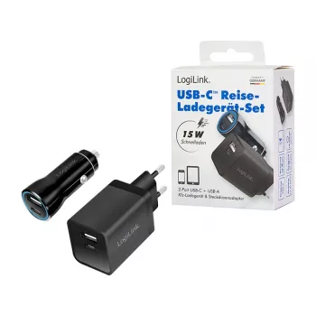 Logilink USB-A/C lādēšanas komplekts, 15 W, ar 1x USB-A un 1x USB-C, melns