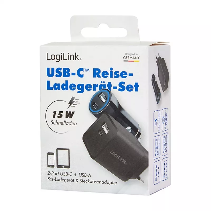 Logilink USB-A/C lādēšanas komplekts, 15 W, ar 1x USB-A un 1x USB-C, melns