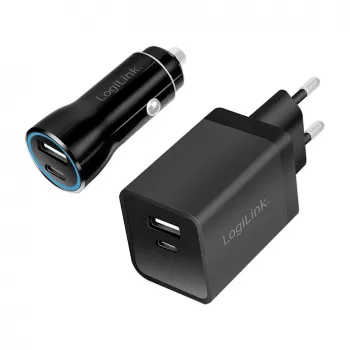 Logilink USB-A/C lādēšanas komplekts, 15 W, ar 1x USB-A un 1x USB-C, melns