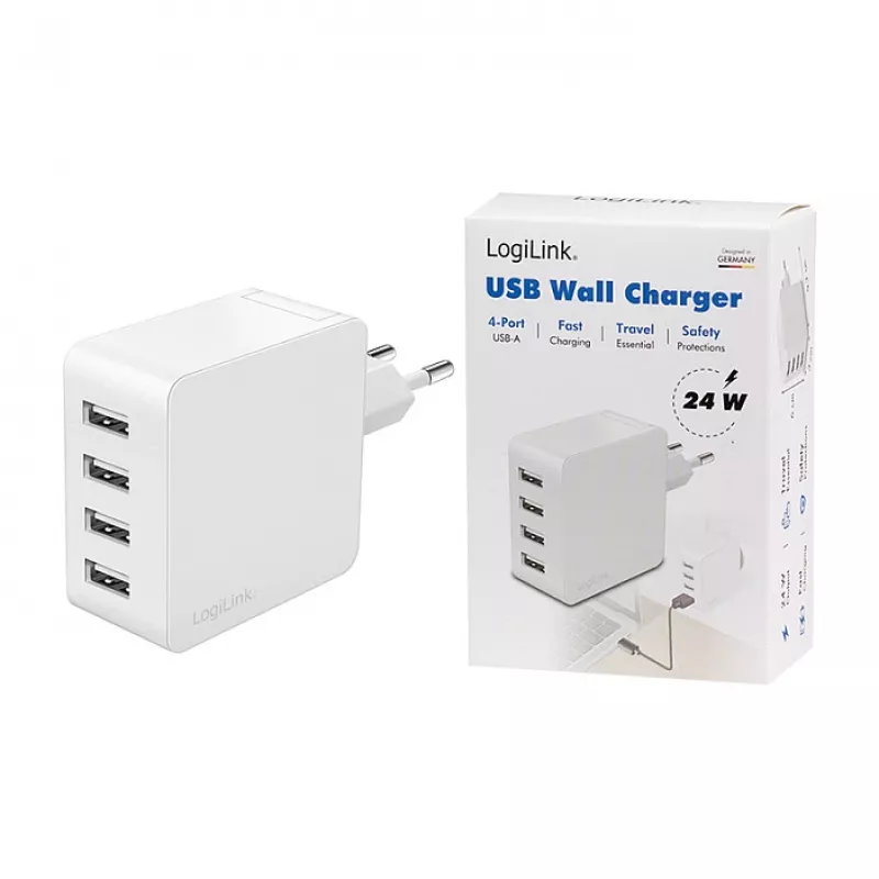 Logilink PA0336W USB-A lādētājs, 24 W, 4 porti, 4x USB-A, balts