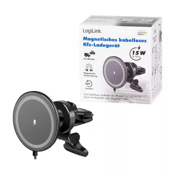 LogiLink bezvadu auto lādētājs ar viedtālruņa turētāju 15W, apaļš, Qi, automātiska fiksācija, ventilācijas un piesūcekņa stiprinājums, melns