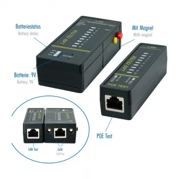 LOGILINK WZ0080 LAN kabeļu testeris un PoE detektors ar magnētu, lukturīti, LCD displeju, 300m darbības rādiusu