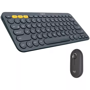 Logitech Pebble 2 Combo Tonal Graphite bezvadu klaviatūras un peles komplekts, AZERTY franču izkārtojums, Bluetooth un Logi Bolt USB uztvērējs, klusi klikšķi, vairākas ierīces, pārstrādāta plastmasa