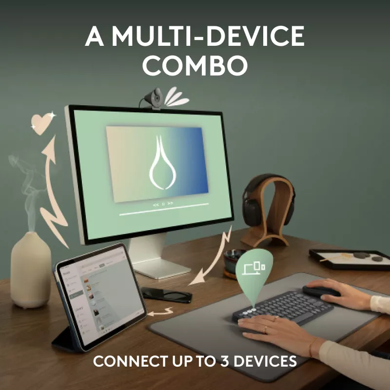 Logitech Pebble 2 Combo Tonal Graphite bezvadu klaviatūras un peles komplekts, AZERTY franču izkārtojums, Bluetooth un Logi Bolt USB uztvērējs, klusi klikšķi, vairākas ierīces, pārstrādāta plastmasa