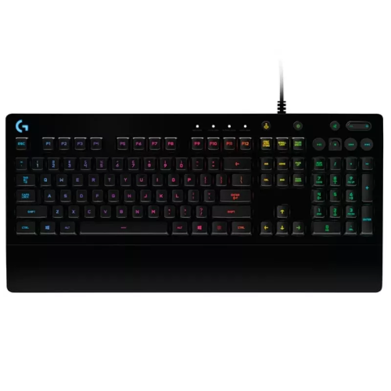 Logitech G213 Prodigy spēļu klaviatūra - fona apgaismojums RGB, QWERTY US English, izturīga pret šķidruma izšļakstīšanos, iebūvēts plaukstu balsts