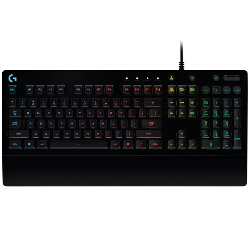 Logitech G213 Prodigy spēļu klaviatūra - fona apgaismojums RGB, QWERTY US English, izturīga pret šķidruma izšļakstīšanos, iebūvēts plaukstu balsts