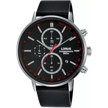 Lorus vīriešu kvarca pulkstenis RM365FX9 — 43mm nerūsējošā tērauda korpuss, melns ciparnīca, sudraba aproce, 100m ūdensizturība