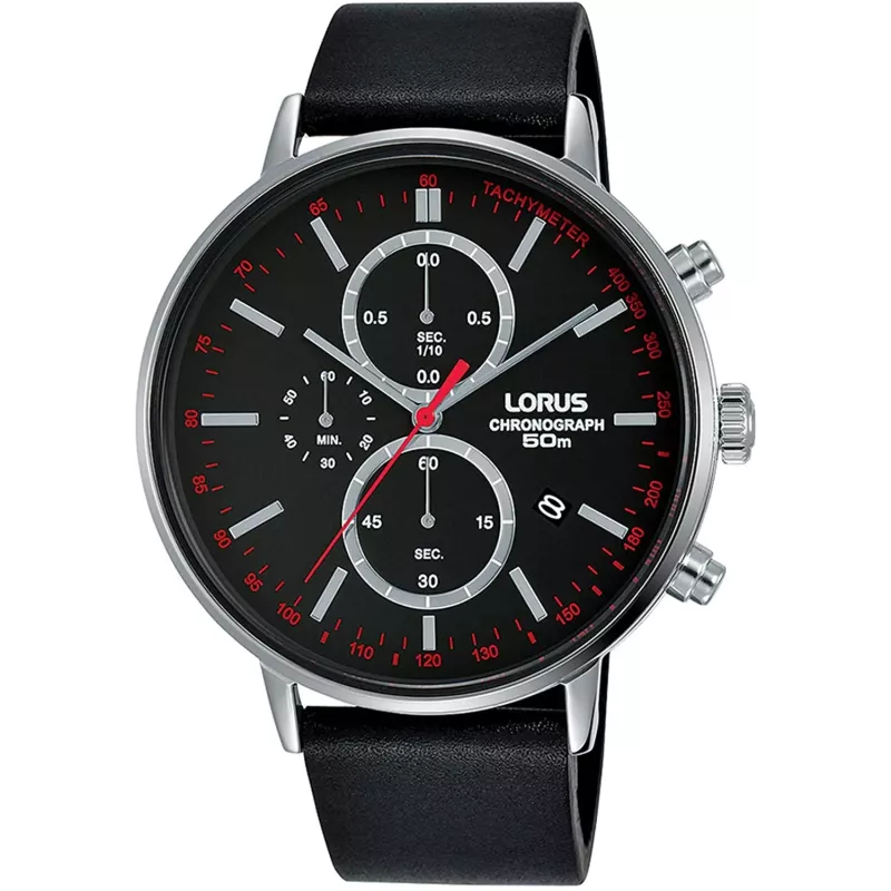 Lorus vīriešu kvarca pulkstenis RM365FX9 — 43mm nerūsējošā tērauda korpuss, melns ciparnīca, sudraba aproce, 100m ūdensizturība