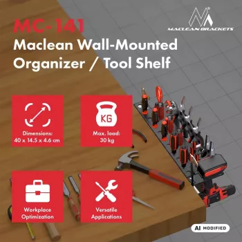 MACLEAN MC-141 sienas instrumentu organizators ar 20 kastēm un 11 āķiem, melns/sarkans, 800x400x195 mm