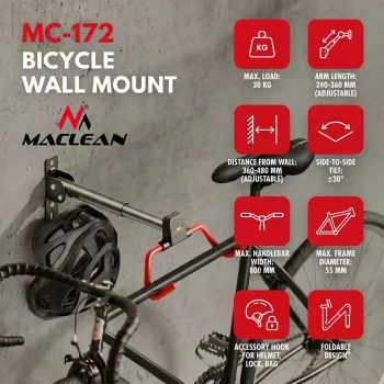 MACLEAN MC-172 Sienas velosipēda turētājs, horizontāls, tērauds, 30 kg, regulējams leņķis, salokāms, melns