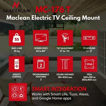 Maclean MC-176 T elektrisks griestu TV stiprinājums ar Tuya viedo vadību, VESA 200x200 līdz 800x400, 43-86 collu televizoriem, 55 kg slodze, melns