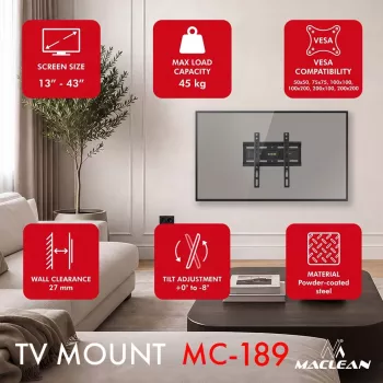 MACLEAN MC-189 Slīpais TV sienas stiprinājums 13-43 collu ekrāniem, VESA 200x200, 45 kg, melns