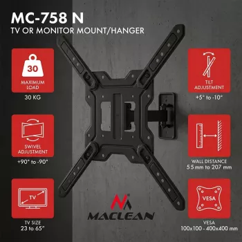 Maclean MC-758 N Fiksētais sienas stiprinājums 23–65 collu TV un monitoriem, 30 kg, VESA 400x400, melns