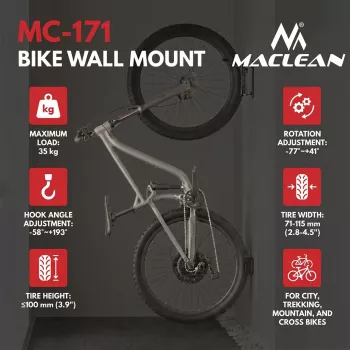 Maclean sienas velosipēda turētājs / pakaramais, max. slodze 35 kg, regulējams slīpuma leņķis, tērauds, MC-171