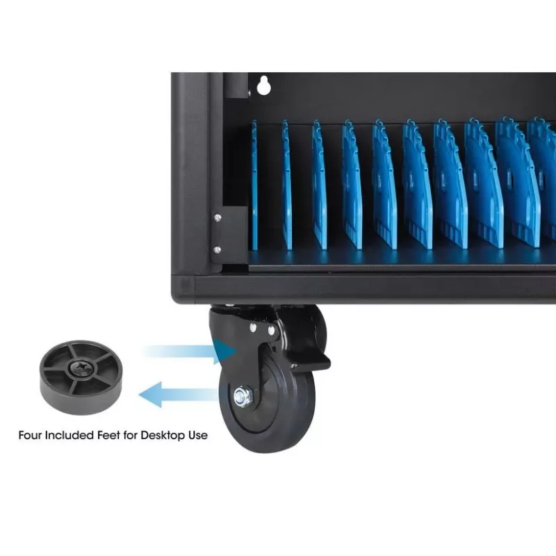 Manhattan 12-Bay USB-C portatīvo datoru uzlādes skapis uz riteņiem, 65W uz portu, 780W kopā, tērauds, melns, UK un EU kabeļi, 395x32.5x290mm nodalījumi