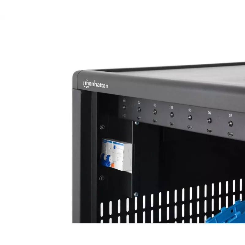Manhattan 12-Bay USB-C portatīvo datoru uzlādes skapis uz riteņiem, 65W uz portu, 780W kopā, tērauds, melns, UK un EU kabeļi, 395x32.5x290mm nodalījumi