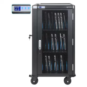 Manhattan 30 vietu klēpjdatoru uzlādes ratiņi/trolis ar AC adapteri (ES) - slēdzams tērauda skapis, 220-240V, 2300W, CEE 7/7 spraudnis, 3m vads, 4 riteņi