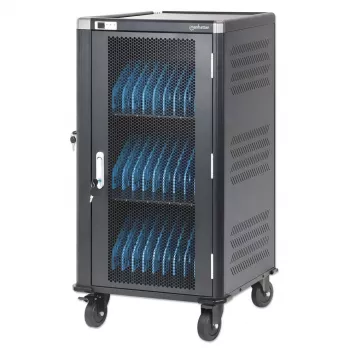 Manhattan 30 vietu klēpjdatoru uzlādes ratiņi/trolis ar AC adapteri (ES) - slēdzams tērauda skapis, 220-240V, 2300W, CEE 7/7 spraudnis, 3m vads, 4 riteņi