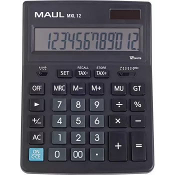 MAUL MXL 12 galda kalkulators ar 12 ciparu LCD displeju, nodokļu aprēķinu, divkāršu barošanu, melns 7267090