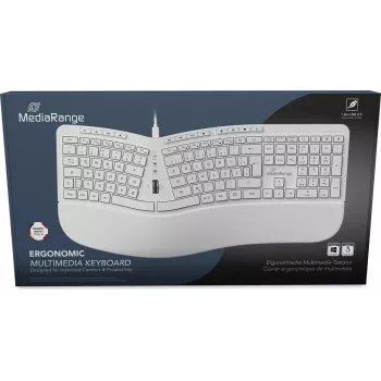 MediaRange MROS272 ergonomiskais vadu tastatūra, dalīts dizains, 124 taustiņi, iebūvēts ritināšanas ritenītis, balta