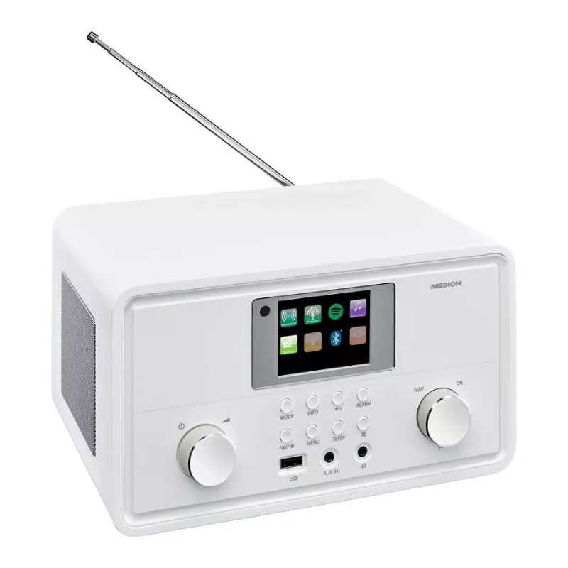 MEDION MD 88069 interneta radio uztvērējs ar DAB+, FM, Bluetooth, Wi-Fi, Spotify Connect, 2,8″ TFT ekrānu, 2x 10 W, balts