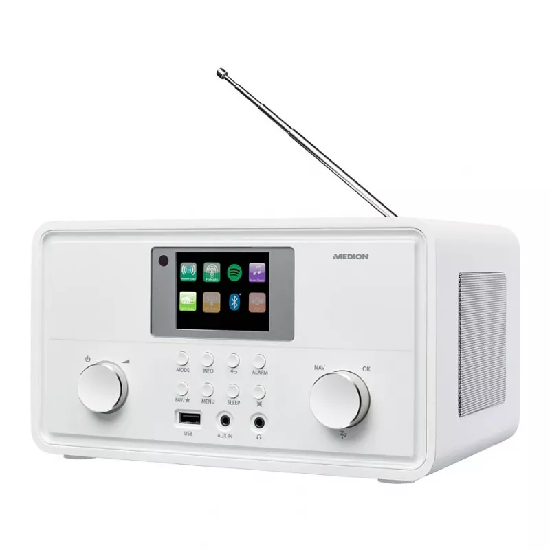 MEDION MD 88069 interneta radio uztvērējs ar DAB+, FM, Bluetooth, Wi-Fi, Spotify Connect, 2,8″ TFT ekrānu, 2x 10 W, balts
