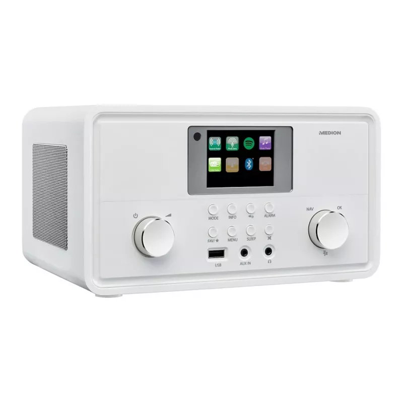 MEDION MD 88069 interneta radio uztvērējs ar DAB+, FM, Bluetooth, Wi-Fi, Spotify Connect, 2,8″ TFT ekrānu, 2x 10 W, balts