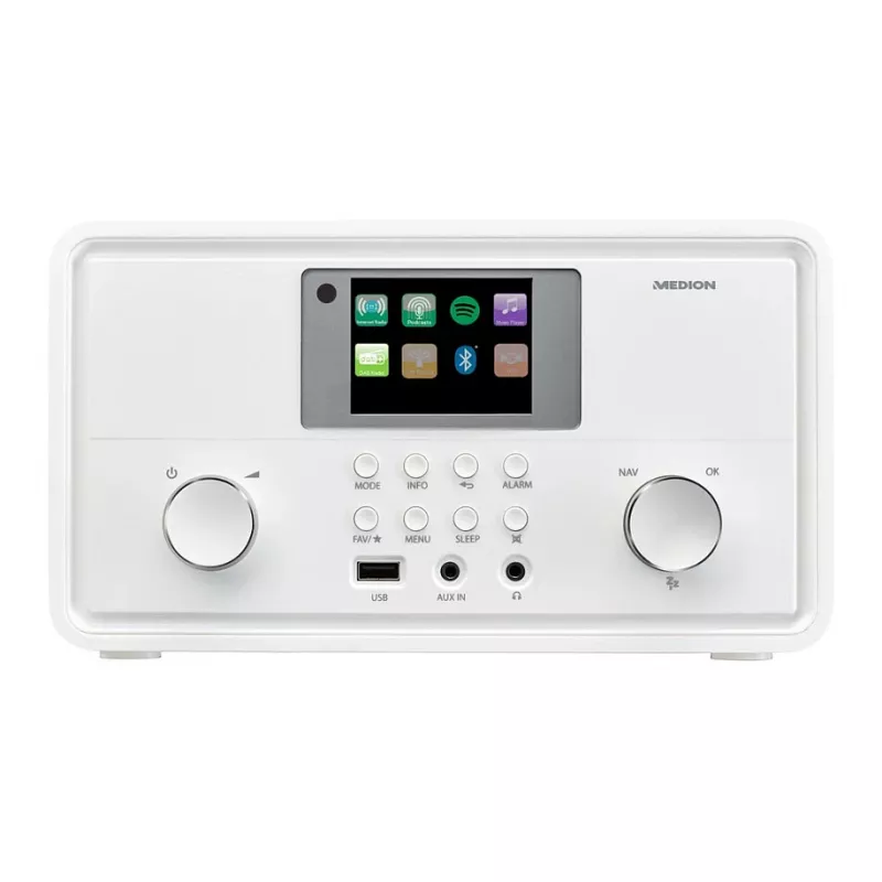 MEDION MD 88069 interneta radio uztvērējs ar DAB+, FM, Bluetooth, Wi-Fi, Spotify Connect, 2,8″ TFT ekrānu, 2x 10 W, balts
