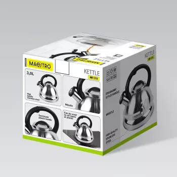 MEO MR-1313 MAESTRO 3.0L Nerūsējošā tējkanna ar svilpi, indukcijai, sudraba ar melniem akcentiem